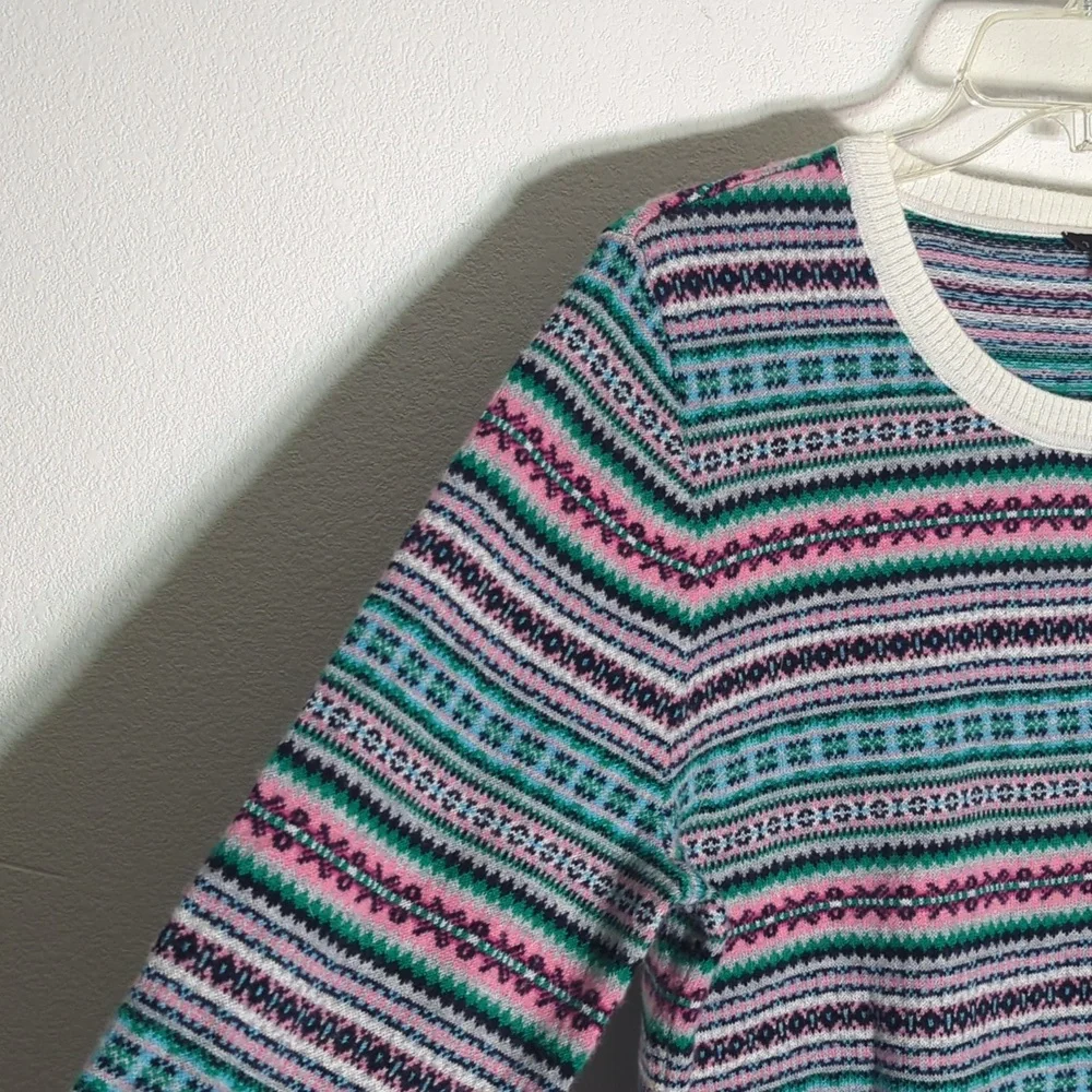 Talbots Womens Sweater Fair Isle Multi-color Striped Lambs Wool Pink Green Large